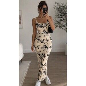 Faded Rose Womens Maxi Dress L Ivory Black Floral Bodycon Spaghetti Strap NWT